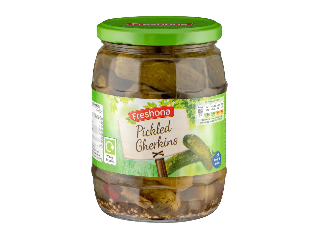 Fresbona pickled gherkins in a jar.