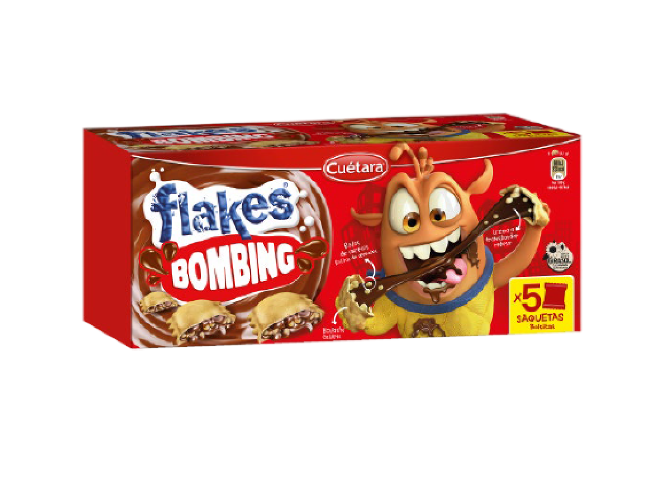 Caixa de cereais Flakes Bombing com recheio de chocolate e um monstro de desenho animado.