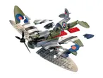 Toy airplane in pieces, showing its construction with building blocks, propeller, and cockpit.