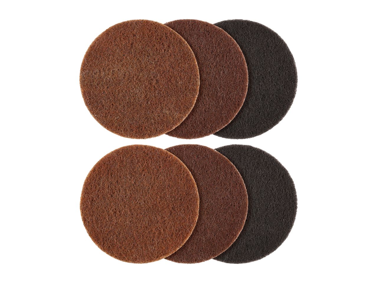 Six round abrasive pads in brown, dark brown, and black, arranged in two rows.