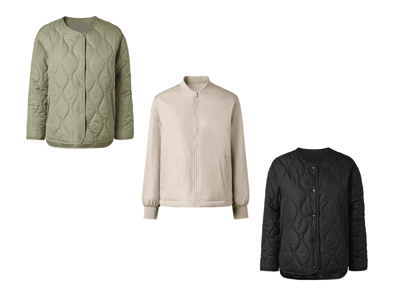 Kolme eriväristä tikattua takkia: vaaleanvihreä, beige ja musta.