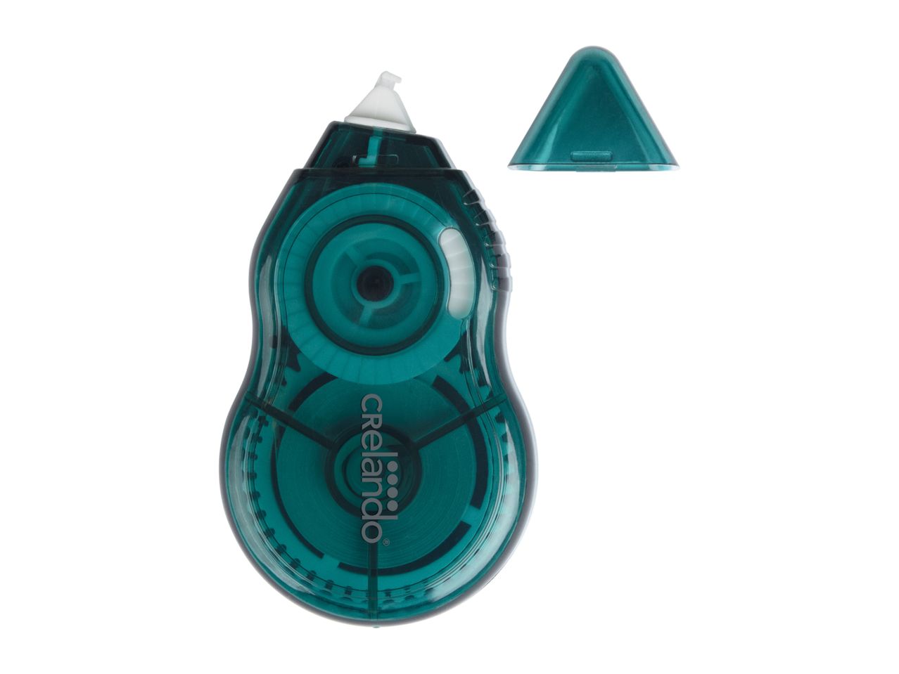 Green correction tape dispenser with its cap removed, showing the white applicator tip.