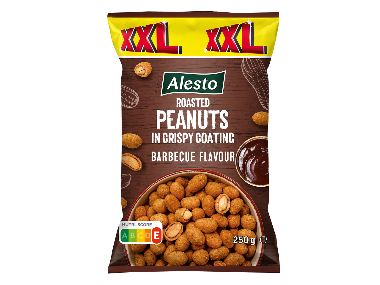 Sachet de cacahuètes grillées enrobées saveur barbecue, format XXL, avec Nutri-Score E.
