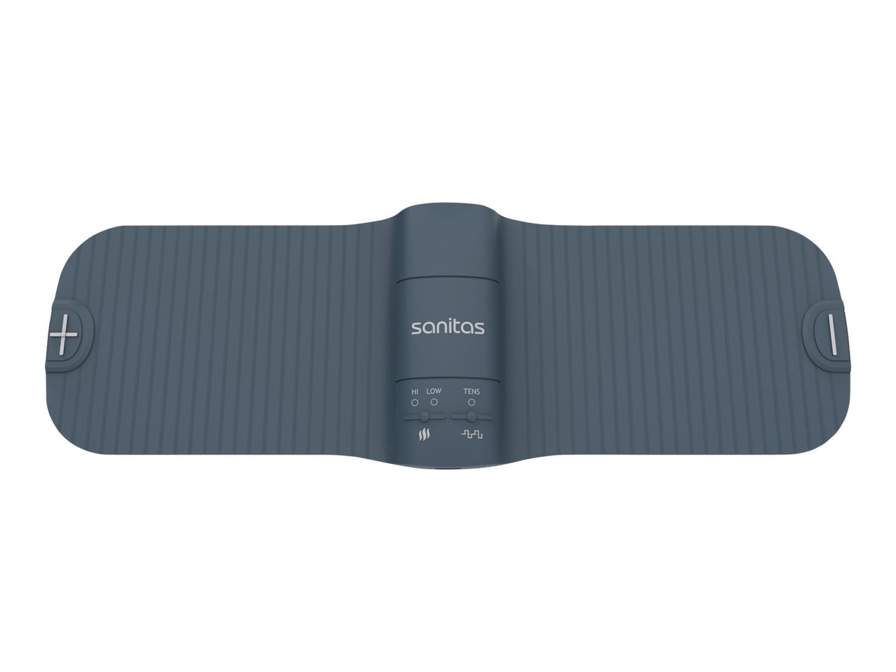 Blue muscle stimulation pad with controls for intensity and mode.