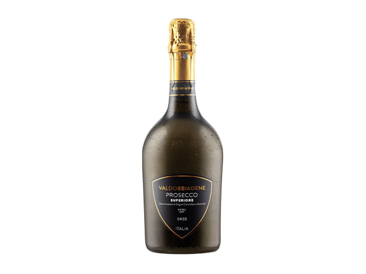 Valdobbiadene Prosecco Superiore Extra Dry 2023, a sparkling wine bottle with a gold foil top