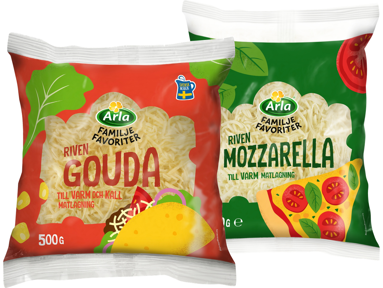 Två påsar Arla familjefavoriter: riven Gouda och riven Mozzarella.