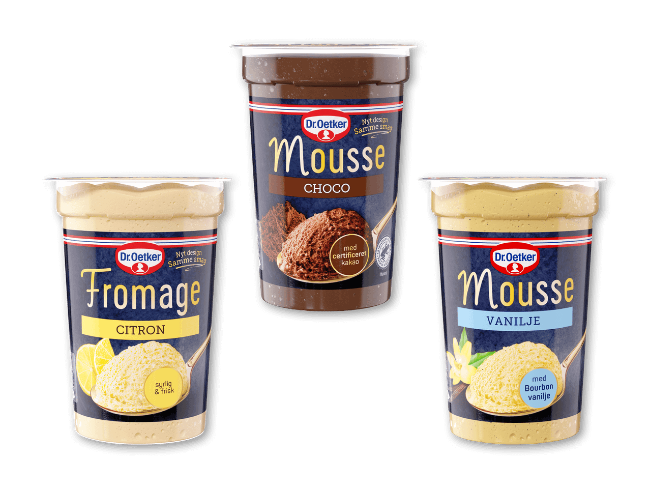 Tre desserter i bægre: chokolademousse, citronfromage og vaniljemousse.