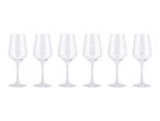 Six clear stemmed wine glasses arranged in a row on a white background.