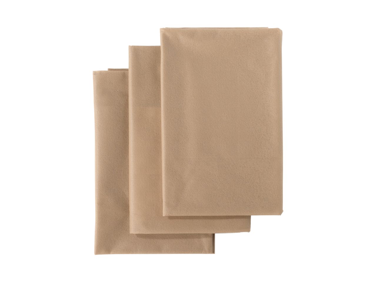 Three folded brown non-woven fabric sheets stacked diagonally on a white background.