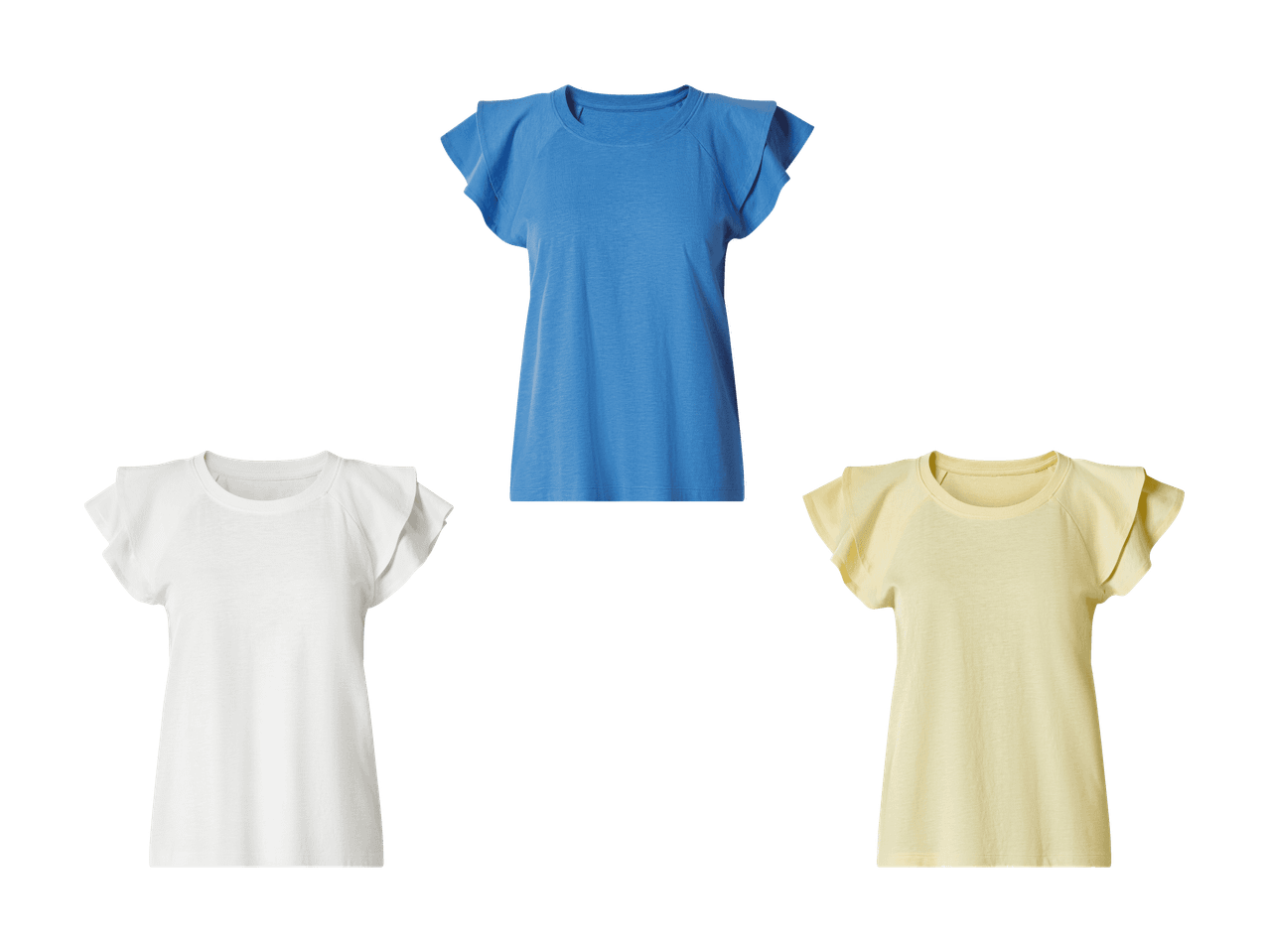 Drei kurzärmelige T-Shirts mit Rüschenärmeln in Blau, Weiß und Gelb.