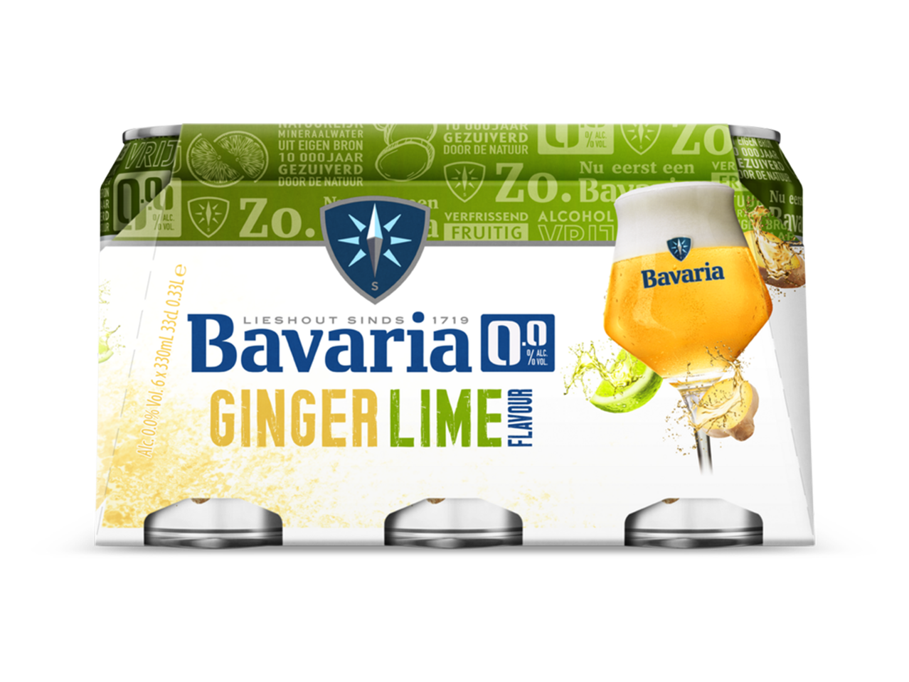 Een 6-pack van alcoholvrij bier met gember-limoensmaak, met een glas bier en verse ingrediënten.