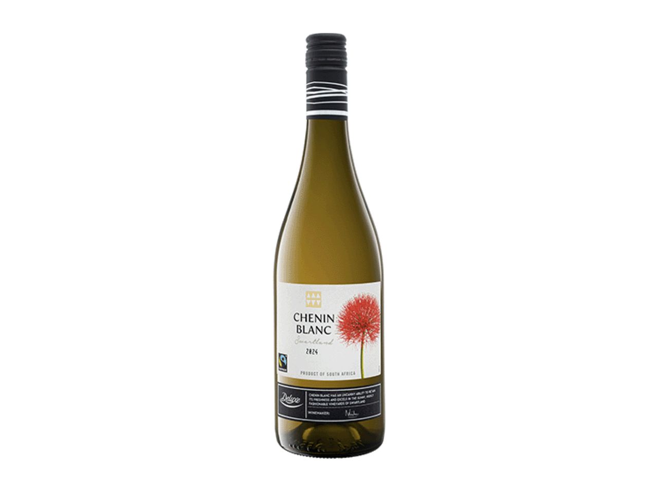 A bottle of Chenin Blanc white wine from South Africa, with a white label featuring a red flower.