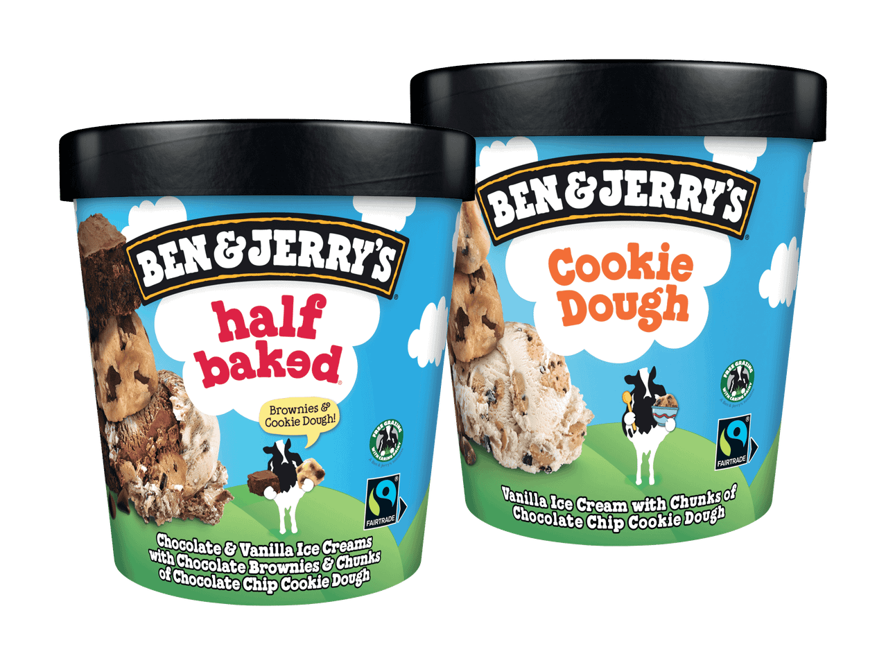Zwei Ben & Jerry's Eisbecher: 'Half Baked' und 'Cookie Dough'.