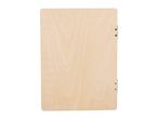 A light-colored wooden clipboard with metal hinges on the right side.