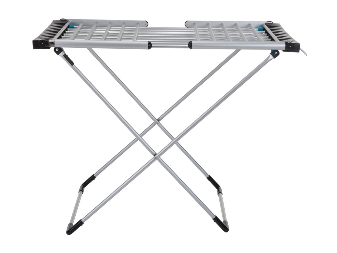 Silver clothes drying rack with black and blue accents, unfolded and ready for use.