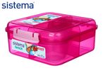 Pink bento lunch box with multiple compartments and a small container, featuring a sandwich, fruit, and crackers.