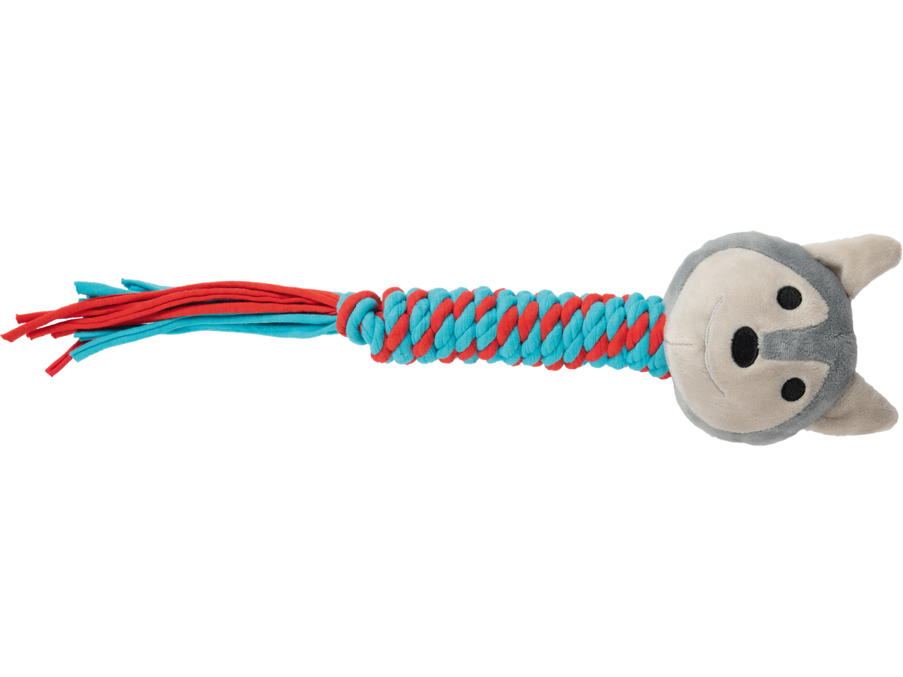 Zoofari® šunų žaislas: Pintas virvė raudonos ir mėlynos spalvos su pilka pliušine šuns galva.