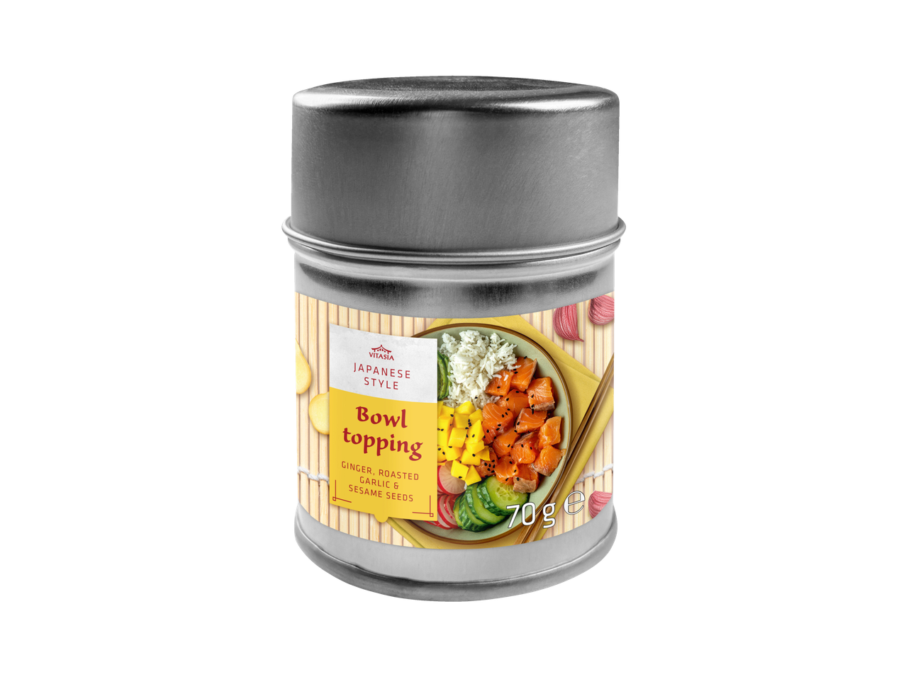 Vitasia Japanese Style Bowl Topping met gember, geroosterde knoflook en sesamzaadjes in een metalen strooier, 70g.
