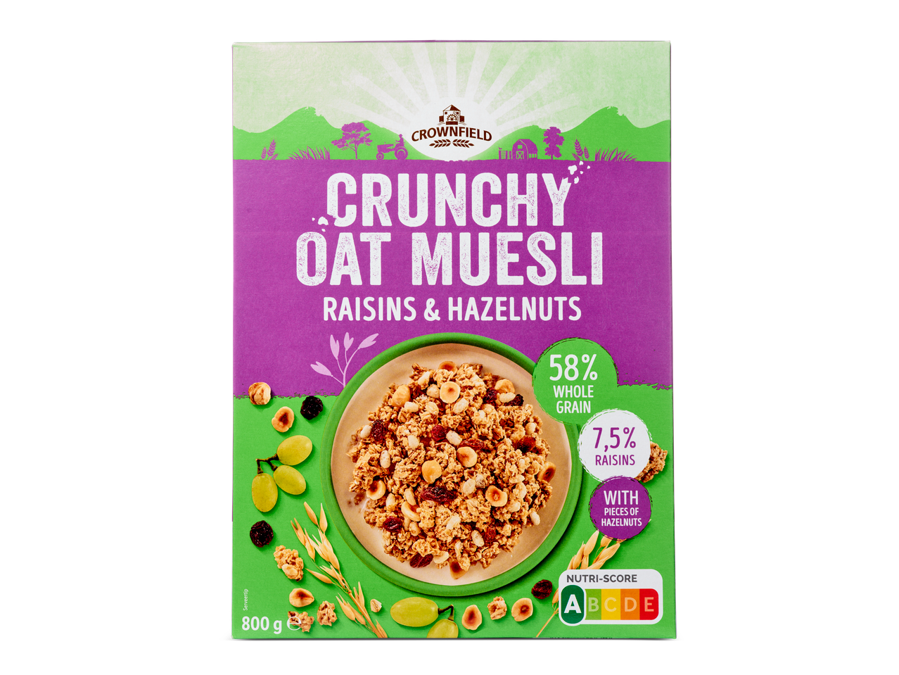 Crownfield Crunchy Havermoutmuesli met rozijnen en hazelnoten, doos van 800g.
