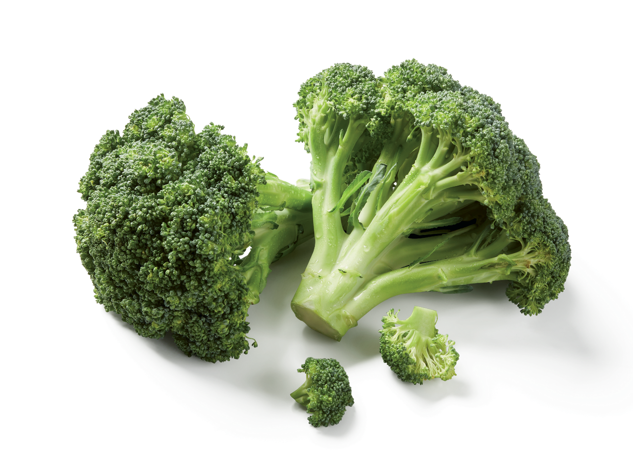 Пресни броколи на черен фон, с няколко отделени розички.