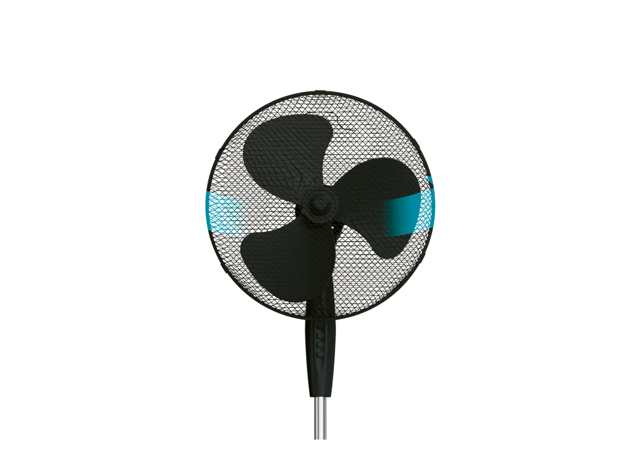 Black pedestal fan with protective mesh.