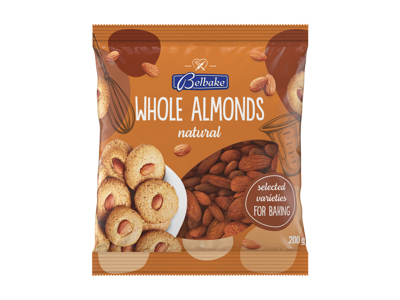 BELBAKE Migdale întregi, naturale, soiuri selecționate pentru copt, 200g, cu fursecuri cu migdale.