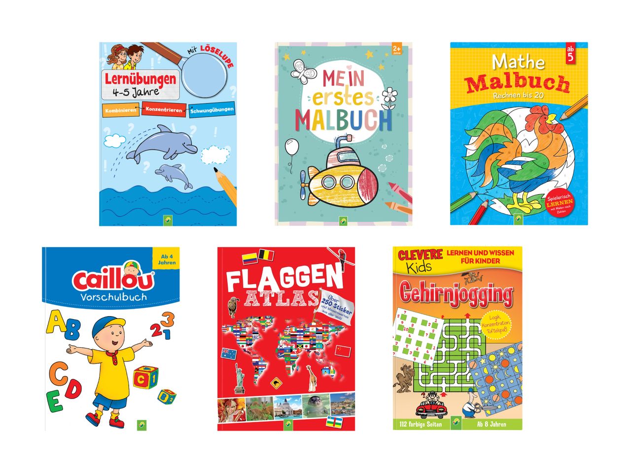 Sechs Kinderarbeitshefte mit Mathe- und Buchstabenspielen.
