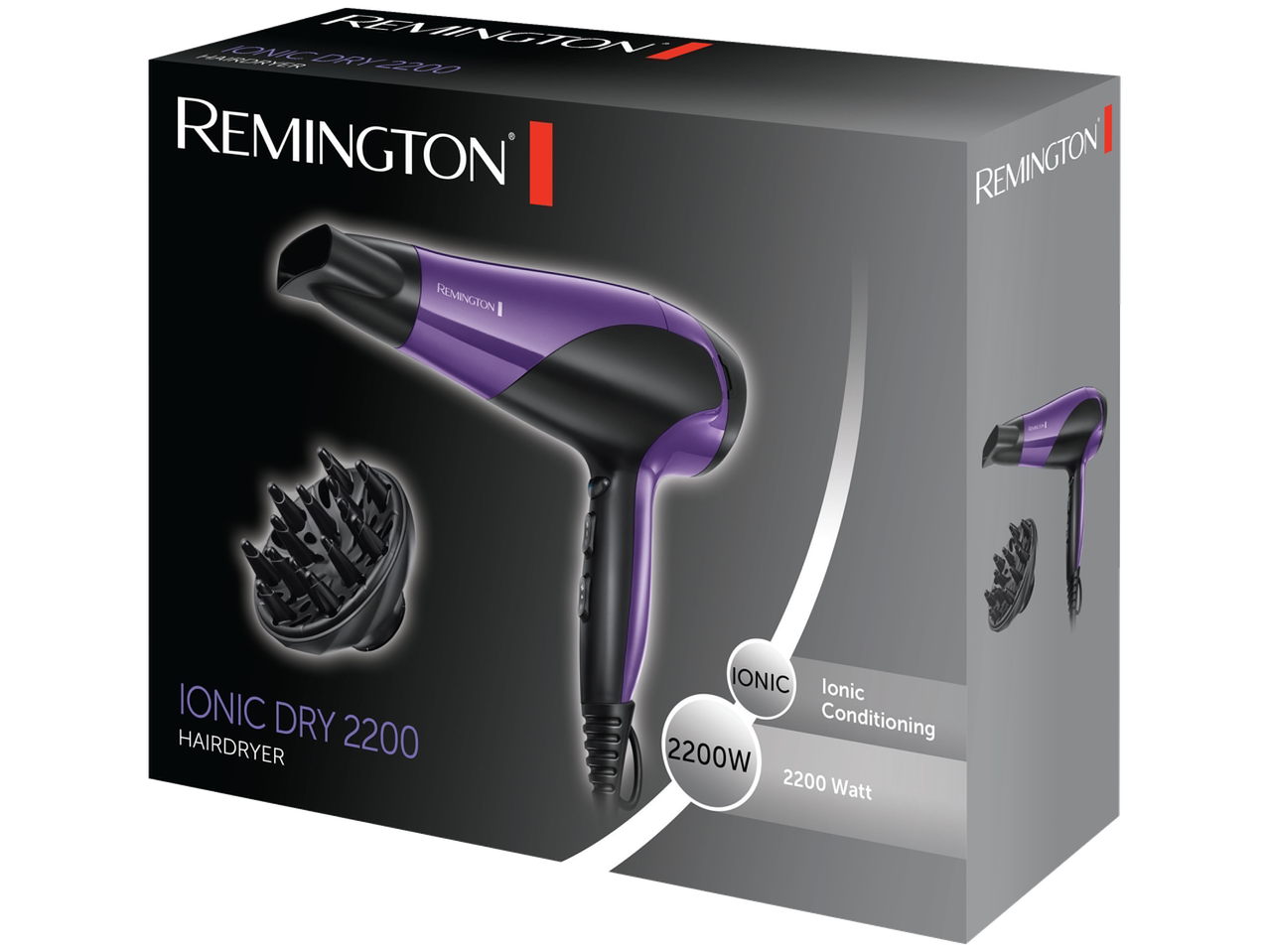 Secador de cabelo Remington Ionic Dry 2200, roxo, com difusor e 2200W.