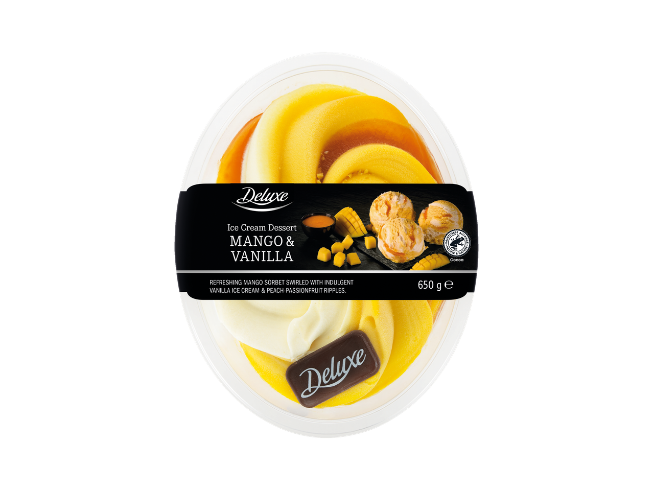 Deluxe mango un vaniļas saldējuma deserts: mango sorbets ar vaniļas saldējumu un augļu gabaliņiem.