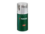 Parkside drill bit set in a clear and green cylindrical case.