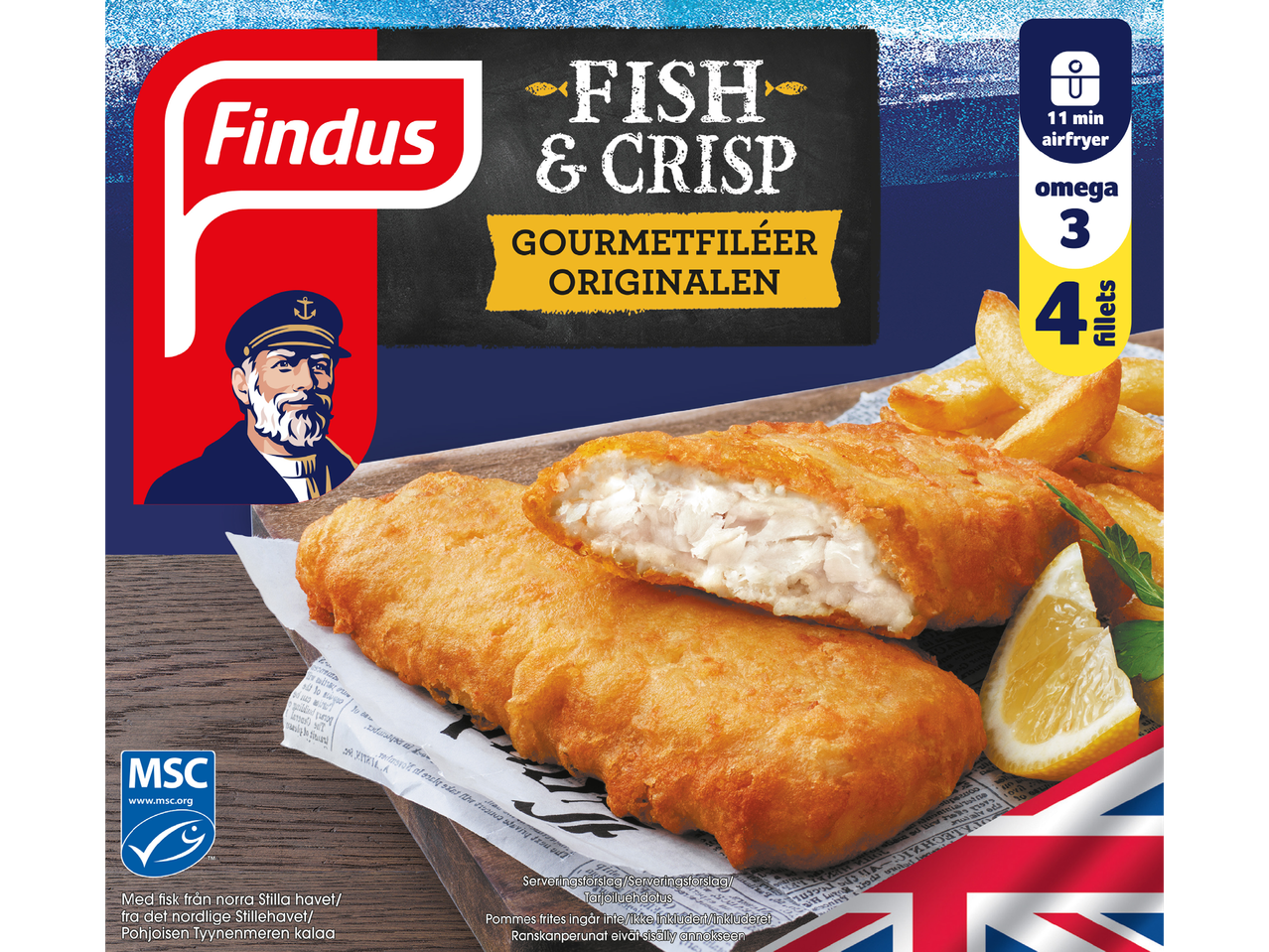 Fisk- och krispiga filéer med pommes frites och citron, med text om omega 3 och airfryer.