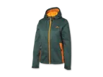 Dunkelgrüne Softshelljacke mit orangefarbenen Reißverschlüssen und Details