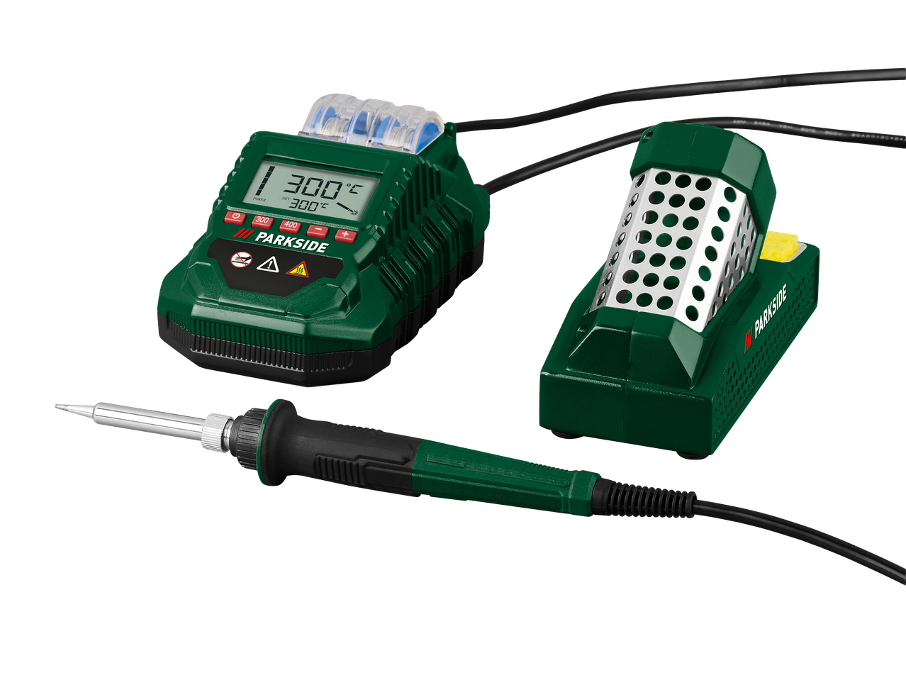 Forrasztóállomás digitális kijelzővel, forrasztópákával és tartóval, 300°C-ra beállítva.