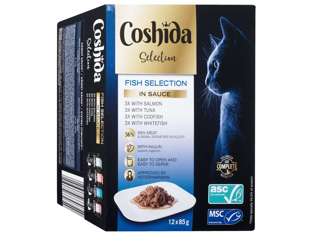 Coshida Selection: macskaeledel szószban lazaccal, tonhállal, tőkehallal és fehér hallal.