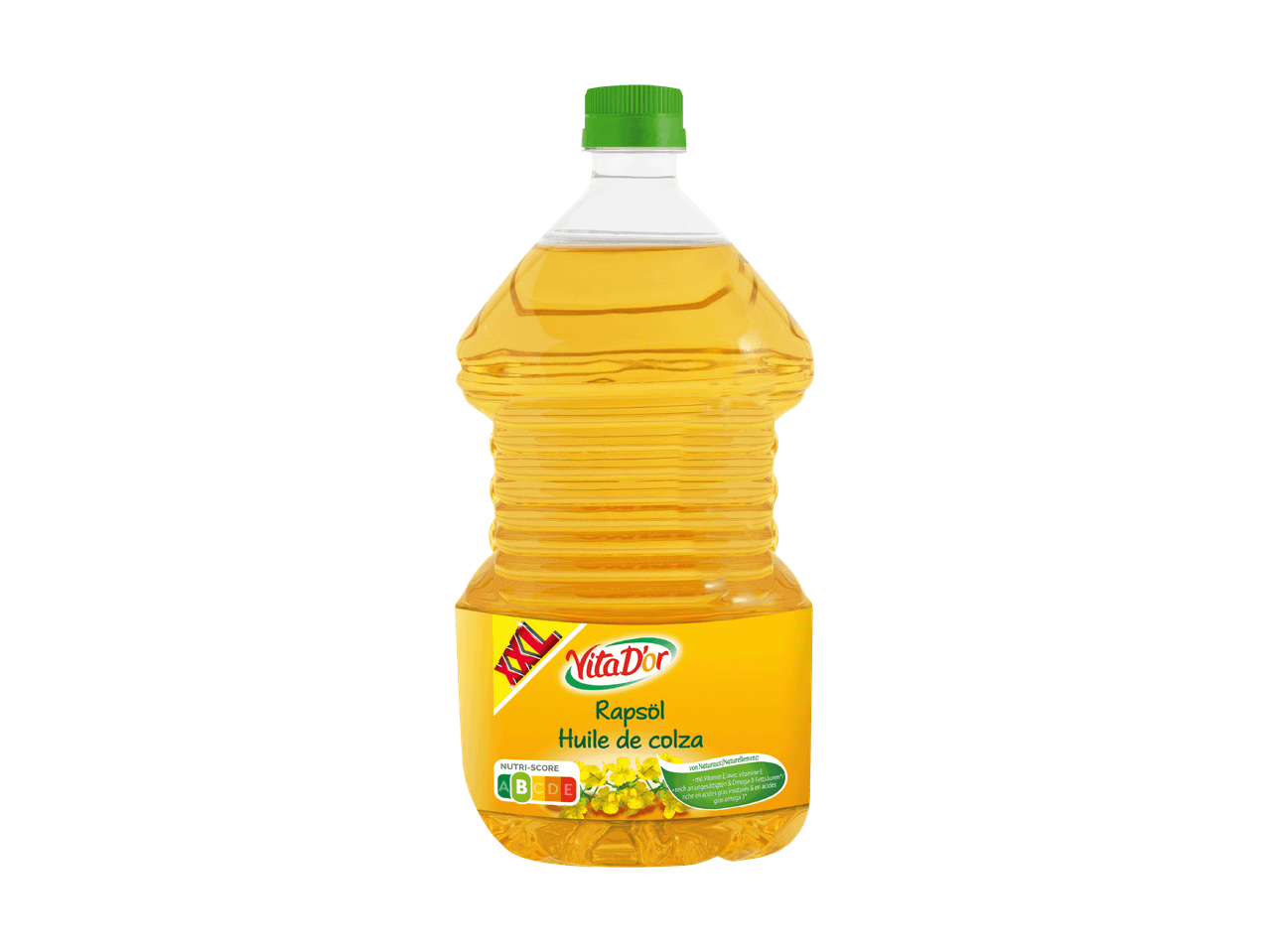 Flasche Rapsöl mit gelbem Etikett und Nährwertangaben.