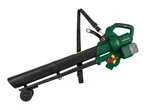 A green and black leaf blower with wheels and a shoulder strap.