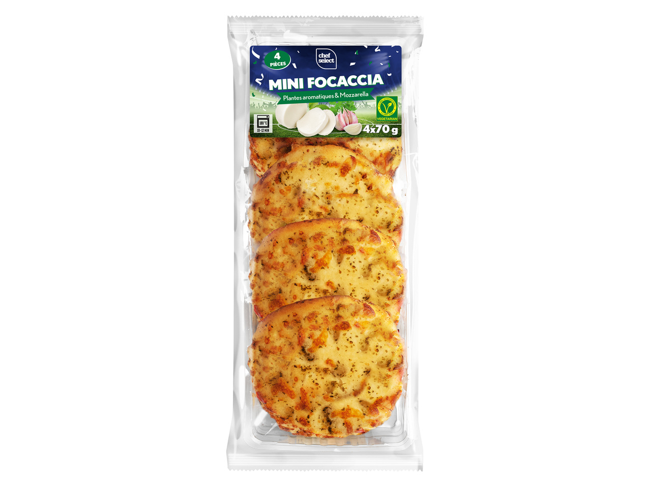 Paquet de mini focaccias aux herbes aromatiques et mozzarella, 4 pièces de 70g.