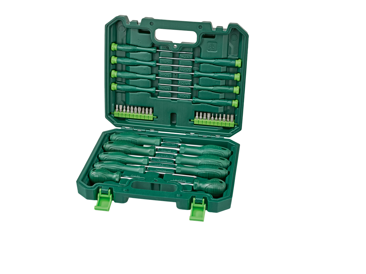 Caixa verde aberta com um conjunto de chaves de fenda e bits.