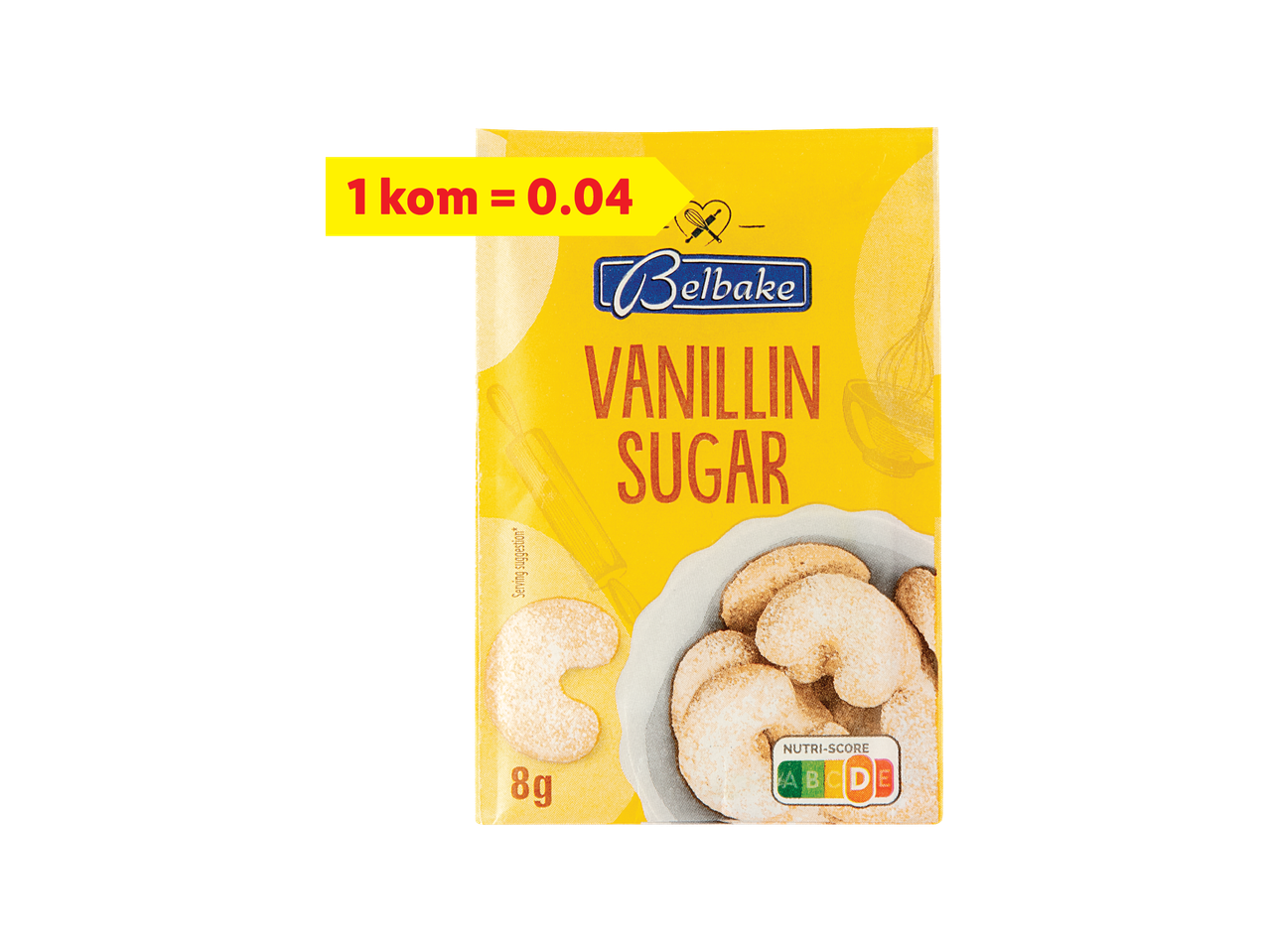 Kutija vanilin šećera s prikazom kolačića i Nutri-Score oznakom.