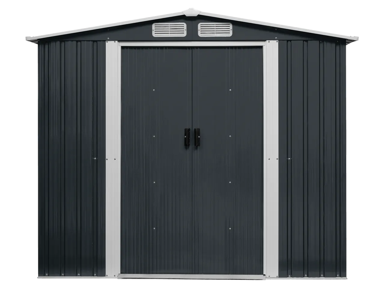 Dark grey metal garden shed with white trim, double doors, and two vents.