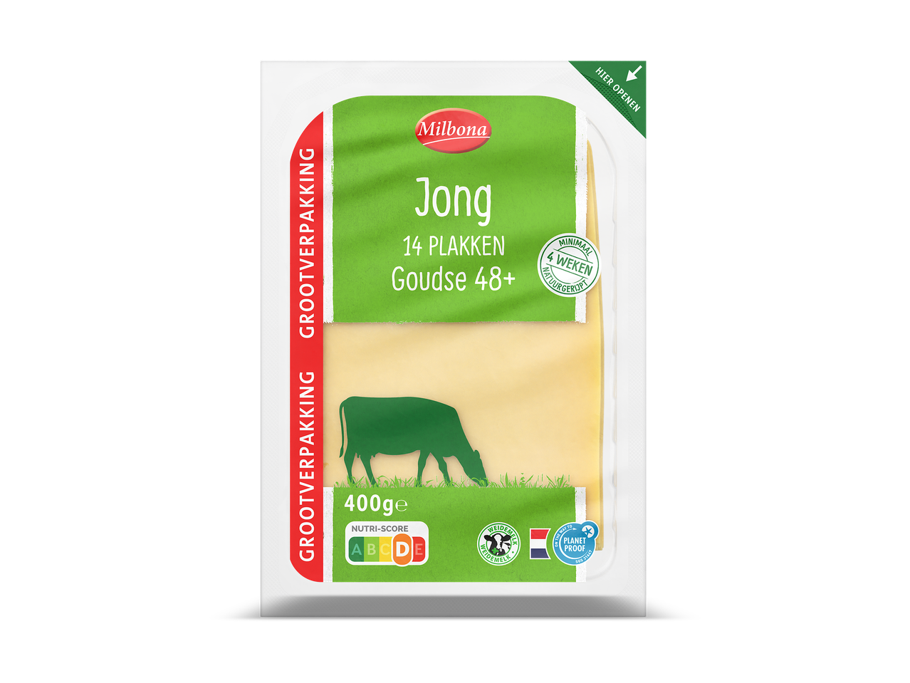 Verpakking met 14 plakken jonge Goudse kaas, 400g, met Nutri-Score A en weidemelklogo.
