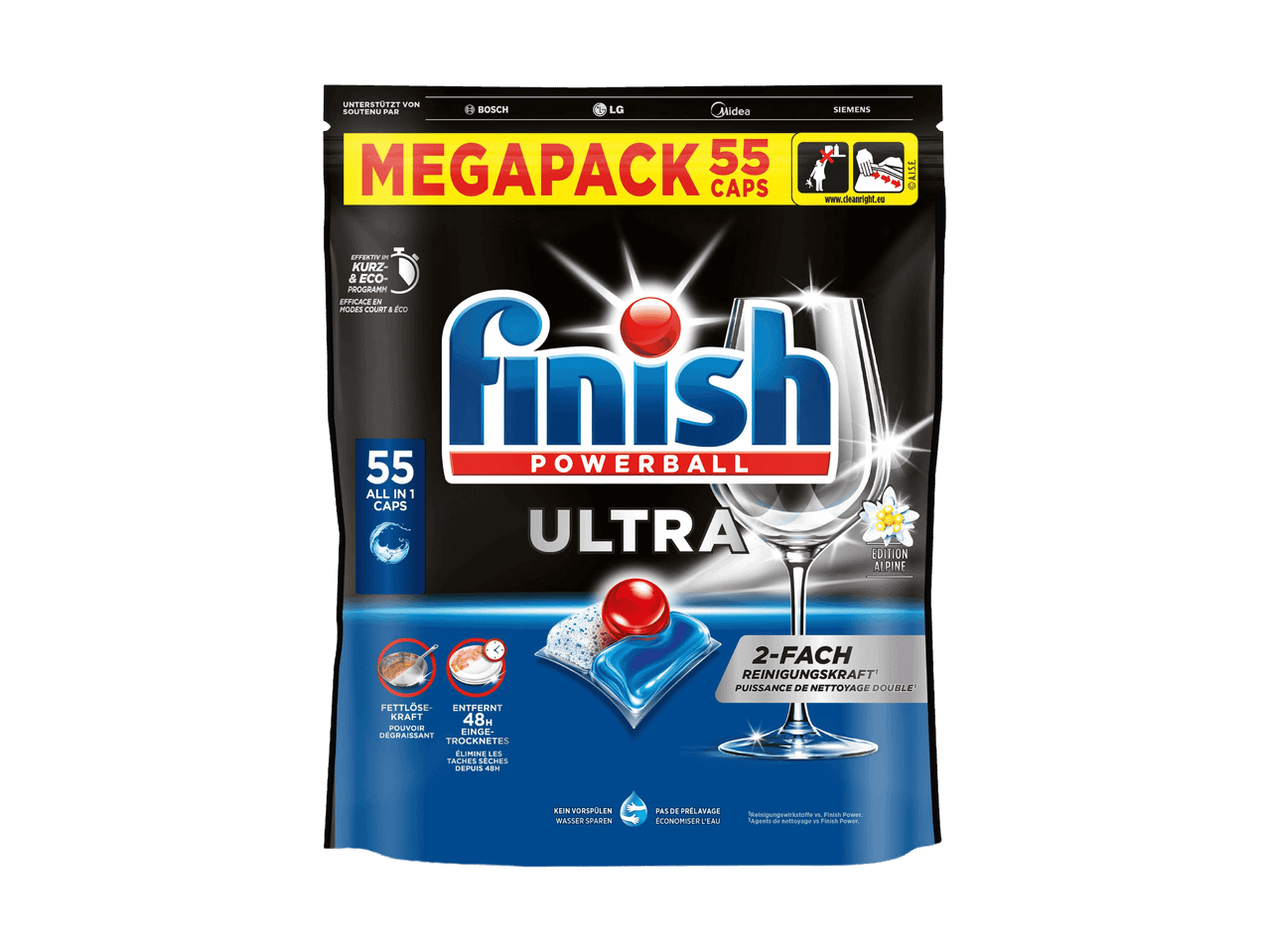 Packung mit 55 Finish Powerball Ultra Geschirrspültabs, mit Fettlösekraft.