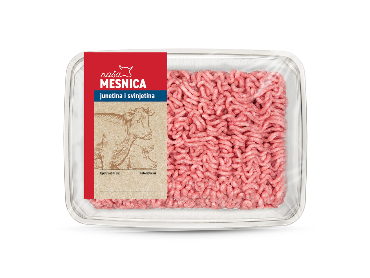 Pakiranje mljevenog mesa 'Naša Mesnica' od junetine i svinjetine.