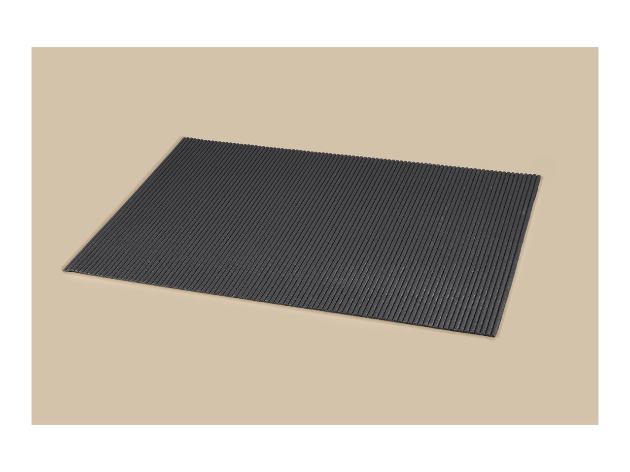 Dark grey ribbed placemat on a light beige background.