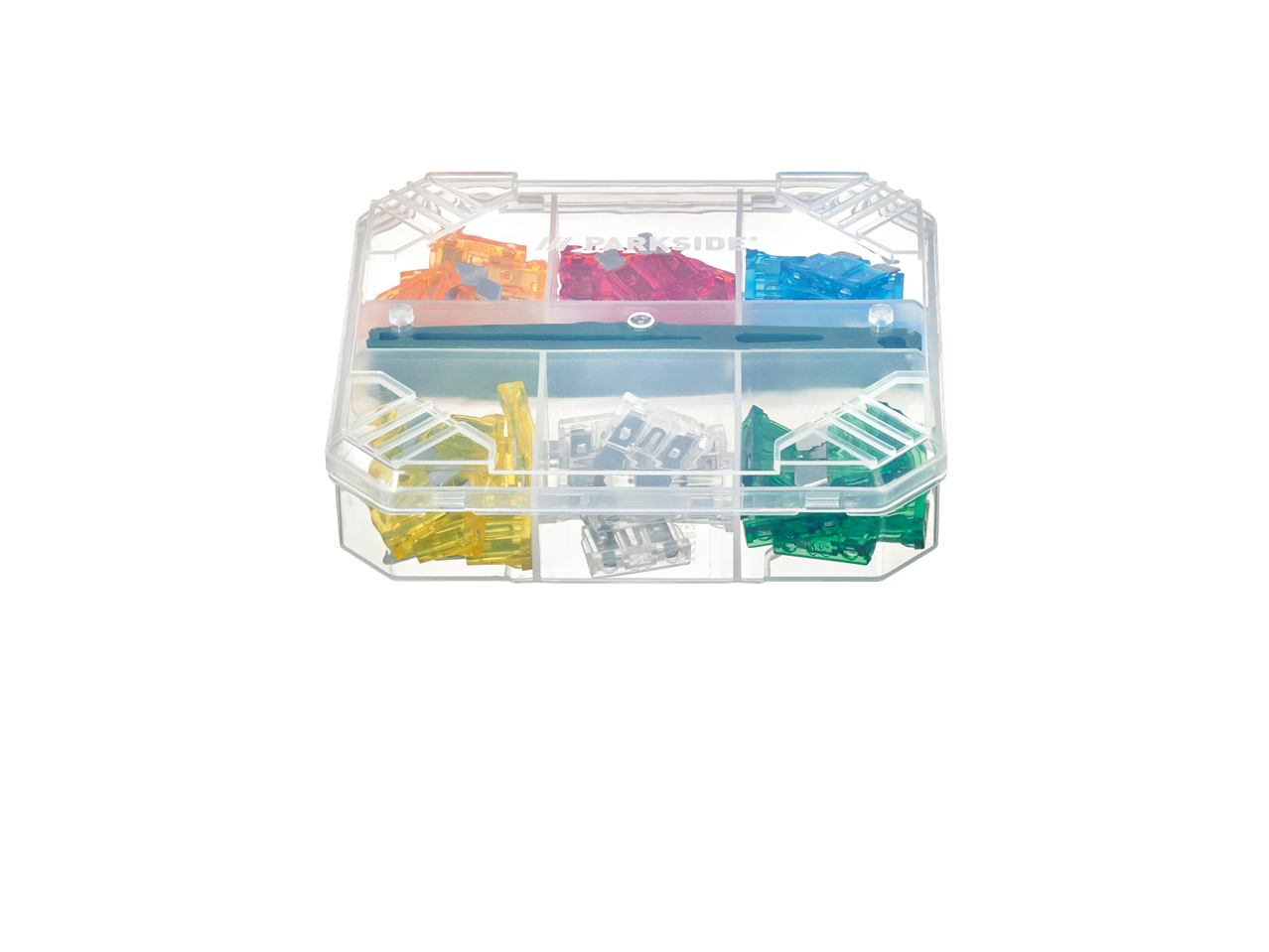 Conjunto de fixação especial PARKSIDE com grampos coloridos em caixa transparente.