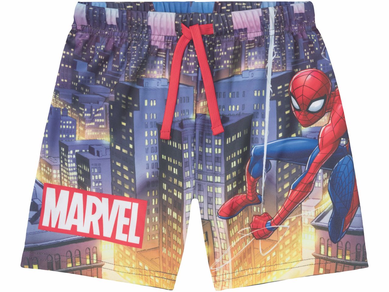 Pantaloncini Marvel Spider-Man con stampa di skyline notturno.