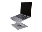 Silver laptop on an adjustable silver stand with a swivel base, isolated on white.