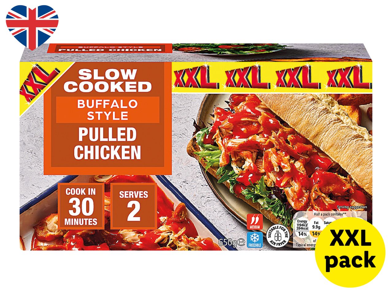 XXL pack of slow-cooked buffalo style pulled chicken, ready in 30 minutes, serves 2.