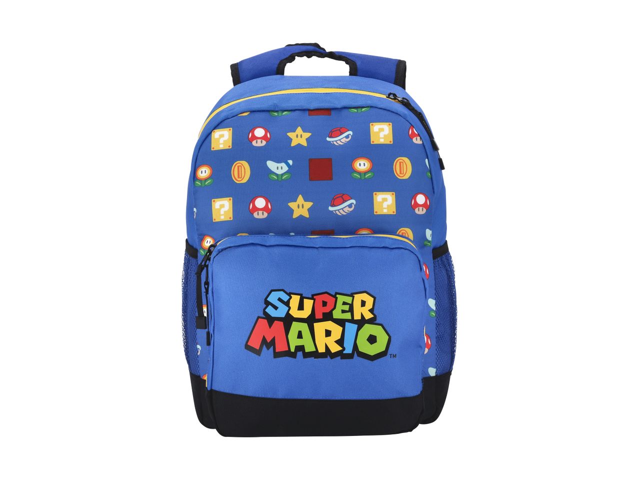 En blå Super Mario rygsæk med ikoniske spilfigurer.