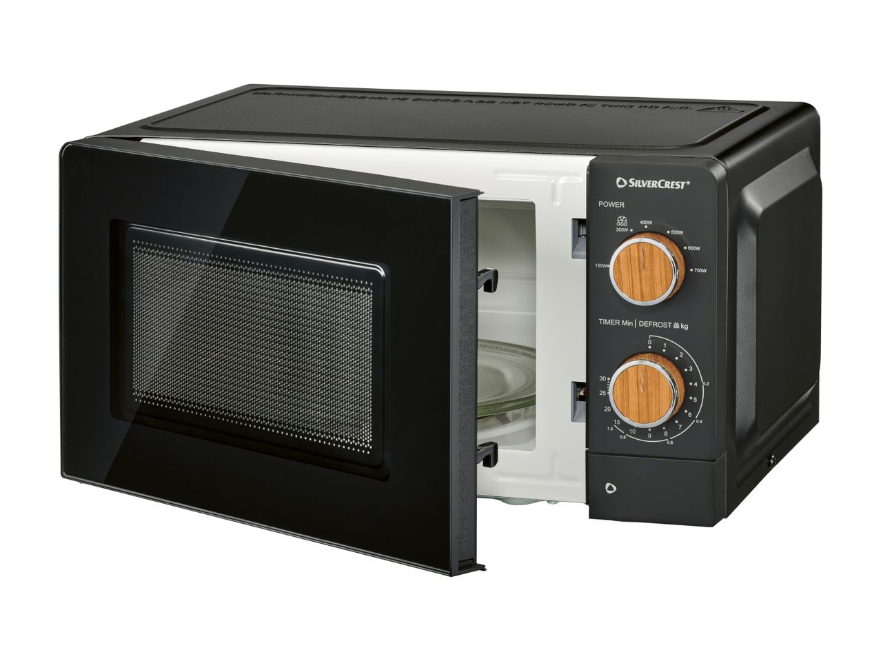 Black microwave oven with an open door, featuring two wooden-look control dials.